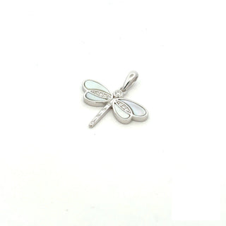 Inlaid wing dragonfly moissanite pendant in sterling silver with white wings, angled view