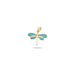 Inlaid wing dragonfly moissanite pendant in yellow gold vermeil with turquoise wings