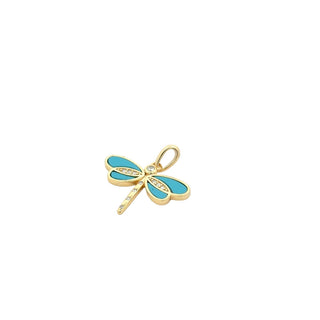 Inlaid wing dragonfly moissanite pendant in yellow gold vermeil with turquoise wings, angled view