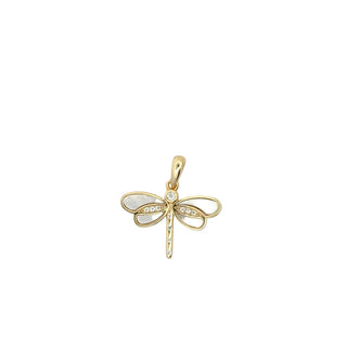 Inlaid wing dragonfly moissanite pendant in yellow gold vermeil with white wings