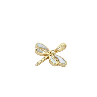 Inlaid wing dragonfly moissanite pendant in yellow gold vermeil with white wings, angled view