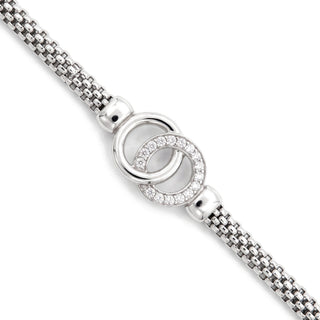 Interlocking Circles Woven Mesh Moissanite Bracelet in Sterling Silver, close-up of the interlocking circles