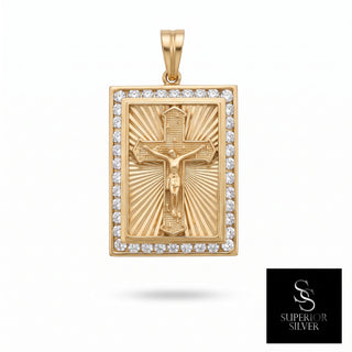 Jesus Crucifix Cross Medallion 18K Yellow Gold Pendant close up