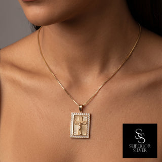 Jesus Crucifix Cross Medallion 18K Yellow Gold Pendant on model