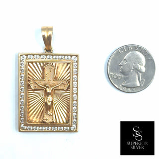 Jesus Crucifix Cross Medallion 18K Yellow Gold Pendant quarter size comparison