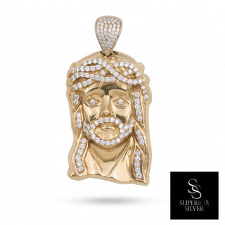 Jesus Head with Crown of Thorns 10K Yellow Gold Pendant close up