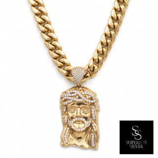 Jesus Head with Crown of Thorns 10K Yellow Gold Pendant on chain