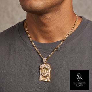 Jesus Head with Crown of Thorns 10K Yellow Gold Pendant on model