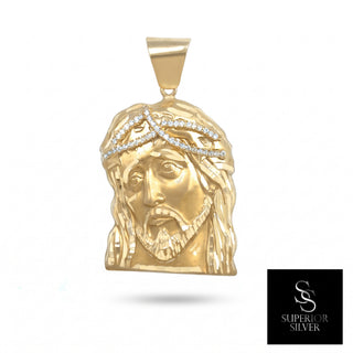 Jesus Head with Crown of Thorns 10K Yellow Gold Pendant close up