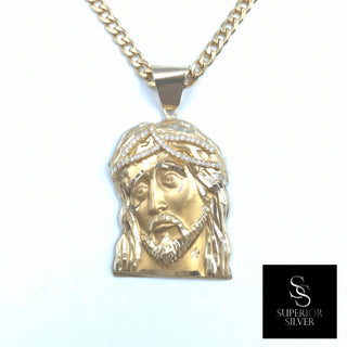 Jesus Head with Crown of Thorns 10K Yellow Gold Pendant on chain