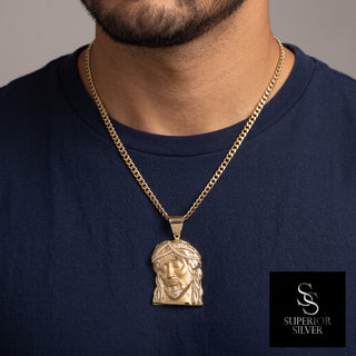 Jesus Head with Crown of Thorns 10K Yellow Gold Pendant on model