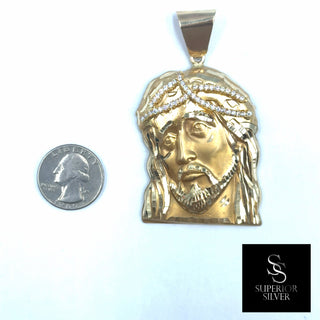 Jesus Head with Crown of Thorns 10K Yellow Gold Pendant quarter size comparison