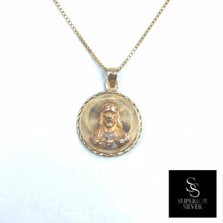 Jesus and Mother Mary double-sided 14K Yellow Gold Pendant on a box chain, back side