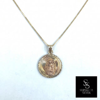 Jesus and Mother Mary double-sided 14K Yellow Gold Pendant on a box chain, front side