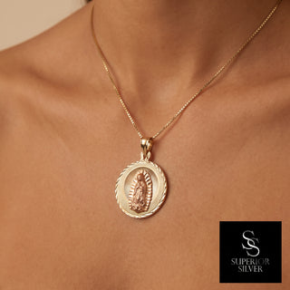 Jesus and Mother Mary double-sided 14K Yellow Gold Pendant worn on a model
