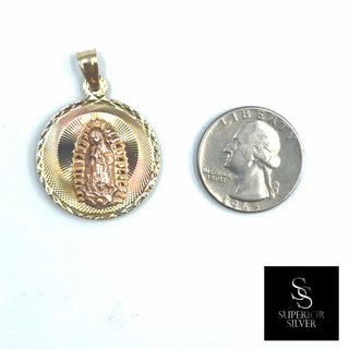 Jesus and Mother Mary double-sided 14K Yellow Gold Pendant size comparison next to a US quarter