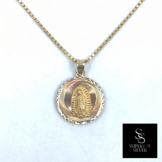 Jesus and Mother Mary double-sided 14K Yellow Gold Pendant on a box chain, back side