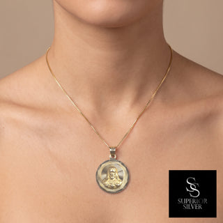 Jesus and Mother Mary double-sided 14K Yellow Gold Pendant worn on a model