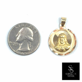 Jesus and Mother Mary double-sided 14K Yellow Gold Pendant size comparison next to a US quarter