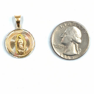 Jesus and Mother Mary Double Sided 14K Yellow Gold Pendant quarter size comparison