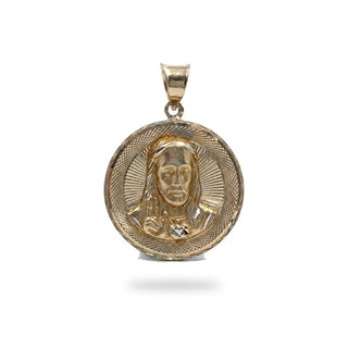 Jesus & Mother Mary Double Sided Medallion 14K Yellow Gold Pendant close up Jesus side