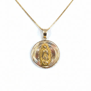 Jesus & Mother Mary Double Sided Medallion 14K Yellow Gold Pendant on box chain Mother Mary side