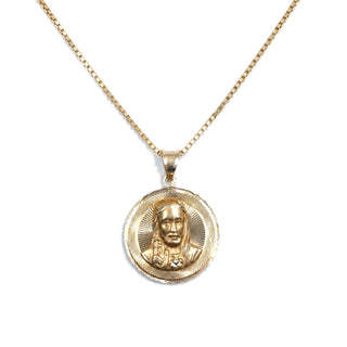 Jesus & Mother Mary Double Sided Medallion 14K Yellow Gold Pendant on box chain Jesus side
