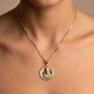 Jesus & Mother Mary Double Sided Medallion 14K Yellow Gold Pendant worn on model