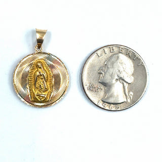 Jesus & Mother Mary Double Sided Medallion 14K Yellow Gold Pendant quarter size comparison