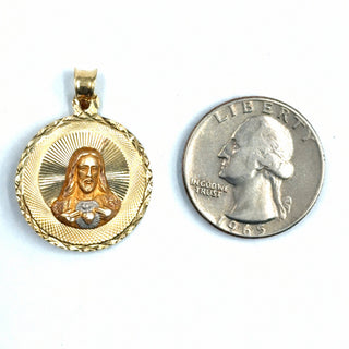 Jesus and Mother Mary Double Sided 14K Yellow Gold Pendant quarter size comparison