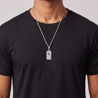 King Luck Crowned Lion Dog Tag Moissanite Pendant in sterling silver, worn on model