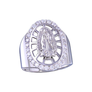 Lady of Guadalupe Oval Halo Wide Band Moissanite Ring in sterling silver