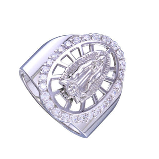 Lady of Guadalupe Oval Halo Wide Band Moissanite Ring in sterling silver, view 2