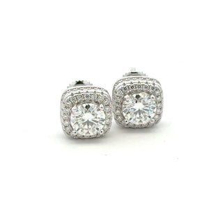 Large cushion double halo moissanite stud earrings in sterling silver