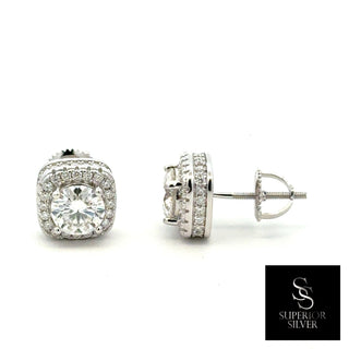 Large cushion double halo moissanite stud earrings in sterling silver, view 2