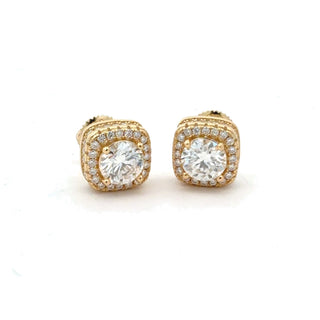 Large cushion double halo moissanite stud earrings in yellow gold vermeil over sterling silver