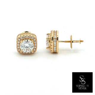 Large cushion double halo moissanite stud earrings in yellow gold vermeil over sterling silver, view 2