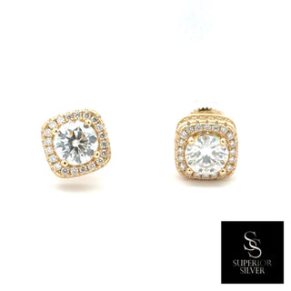 Large cushion double halo moissanite stud earrings in yellow gold vermeil over sterling silver, view 3