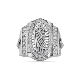 Large Embossed Saint Jude Oval Halo Signet Moissanite Ring in sterling silver