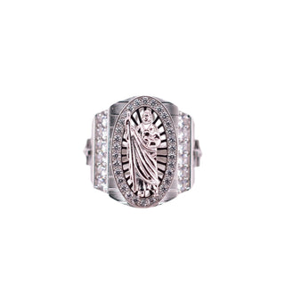 Large Embossed Saint Jude Oval Halo Signet Moissanite Ring in sterling silver, view 2