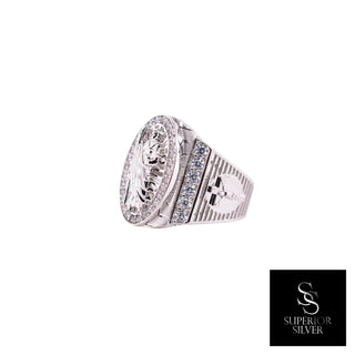 Large Embossed Saint Jude Oval Halo Signet Moissanite Ring in sterling silver, view 3