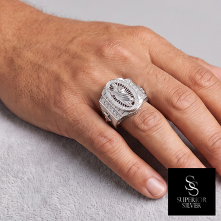 Large Embossed Saint Jude Oval Halo Signet Moissanite Ring in sterling silver, worn on hand