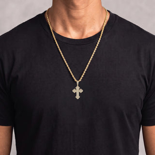 Large Gothic Budded Cross with Baguette Center Moissanite Pendant in yellow gold vermeil, worn on model