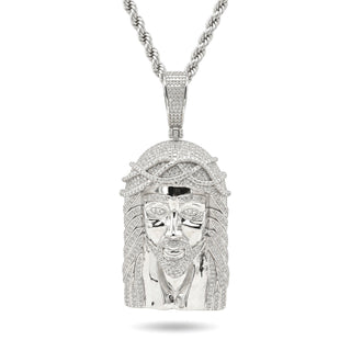 Large Jesus Piece with Crown of Thorns Moissanite Pendant in Sterling Silver on chain
