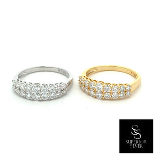Large round half eternity band moissanite ring in sterling silver and yellow gold vermeil, side by side
