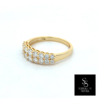 Large round half eternity band moissanite ring in yellow gold vermeil over sterling silver, view 2
