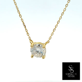 Large round solitaire moissanite necklace in yellow gold vermeil over sterling silver, view 2