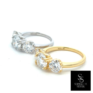 Large round three-stone moissanite ring in sterling silver and yellow gold vermeil, side by side