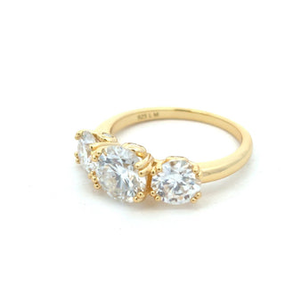 Large round three-stone moissanite ring in yellow gold vermeil over sterling silver