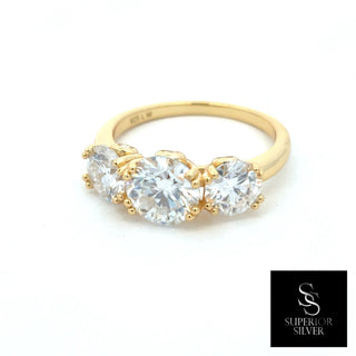 Large round three-stone moissanite ring in yellow gold vermeil over sterling silver, view 2